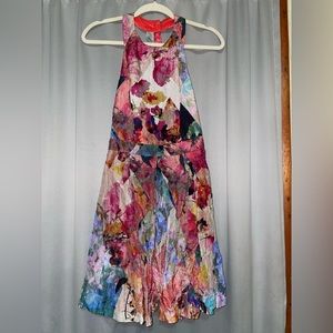 Nicole Miller floral watercolor cocktail dress with sequins and open back